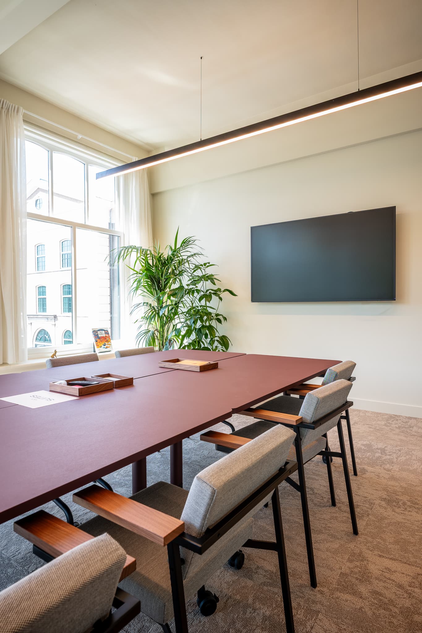Modern conference room with a long table, six chairs, a wall-mounted TV, large window, and a potted plant in the corner.