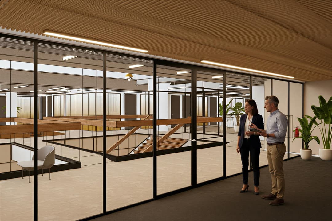 Two people stand in a modern office with glass walls, wooden ceiling, and indoor plants. They appear to be discussing something.