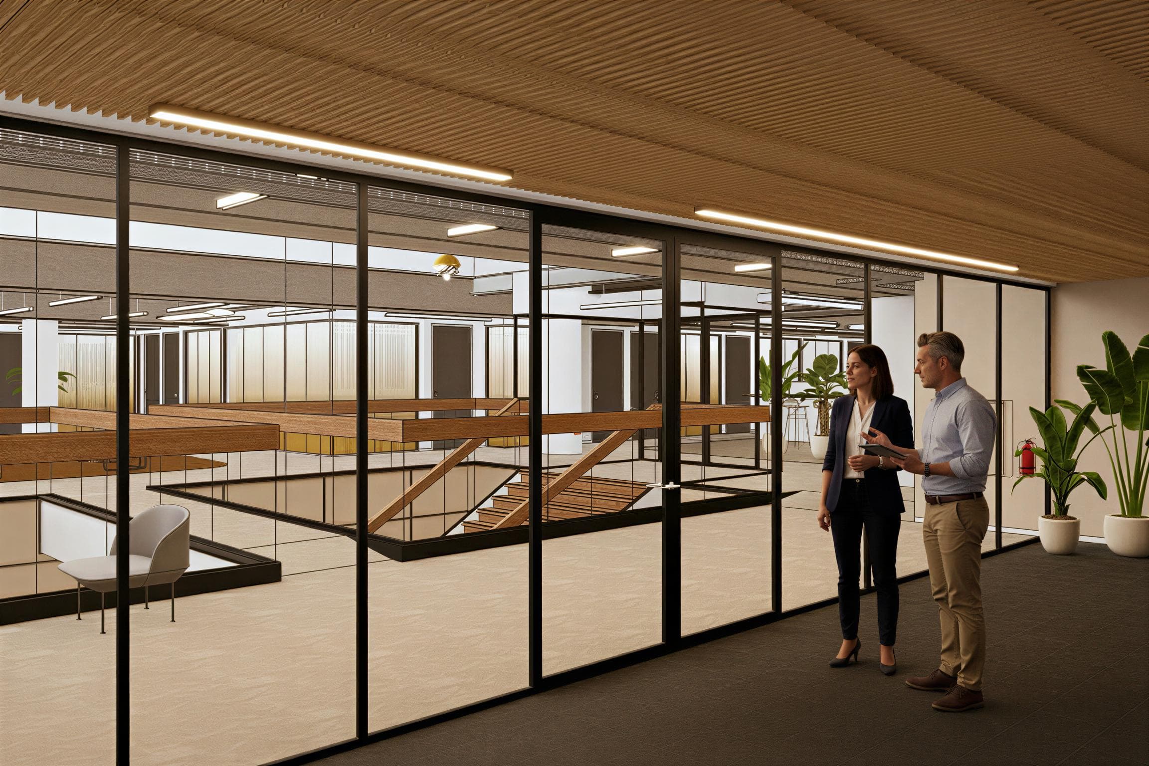Two people stand in a modern office with glass walls, wooden ceiling, and indoor plants. They appear to be discussing something.