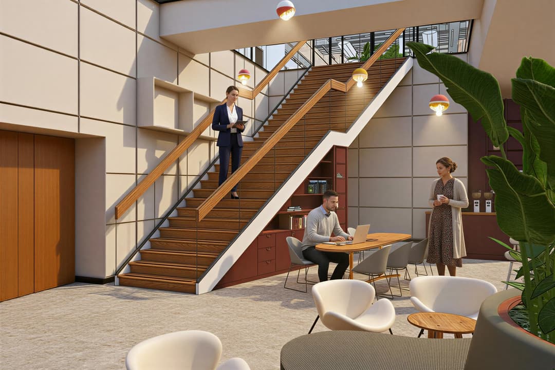 Modern office space with a man working on a laptop at a table, a woman descending stairs, and another woman standing nearby.