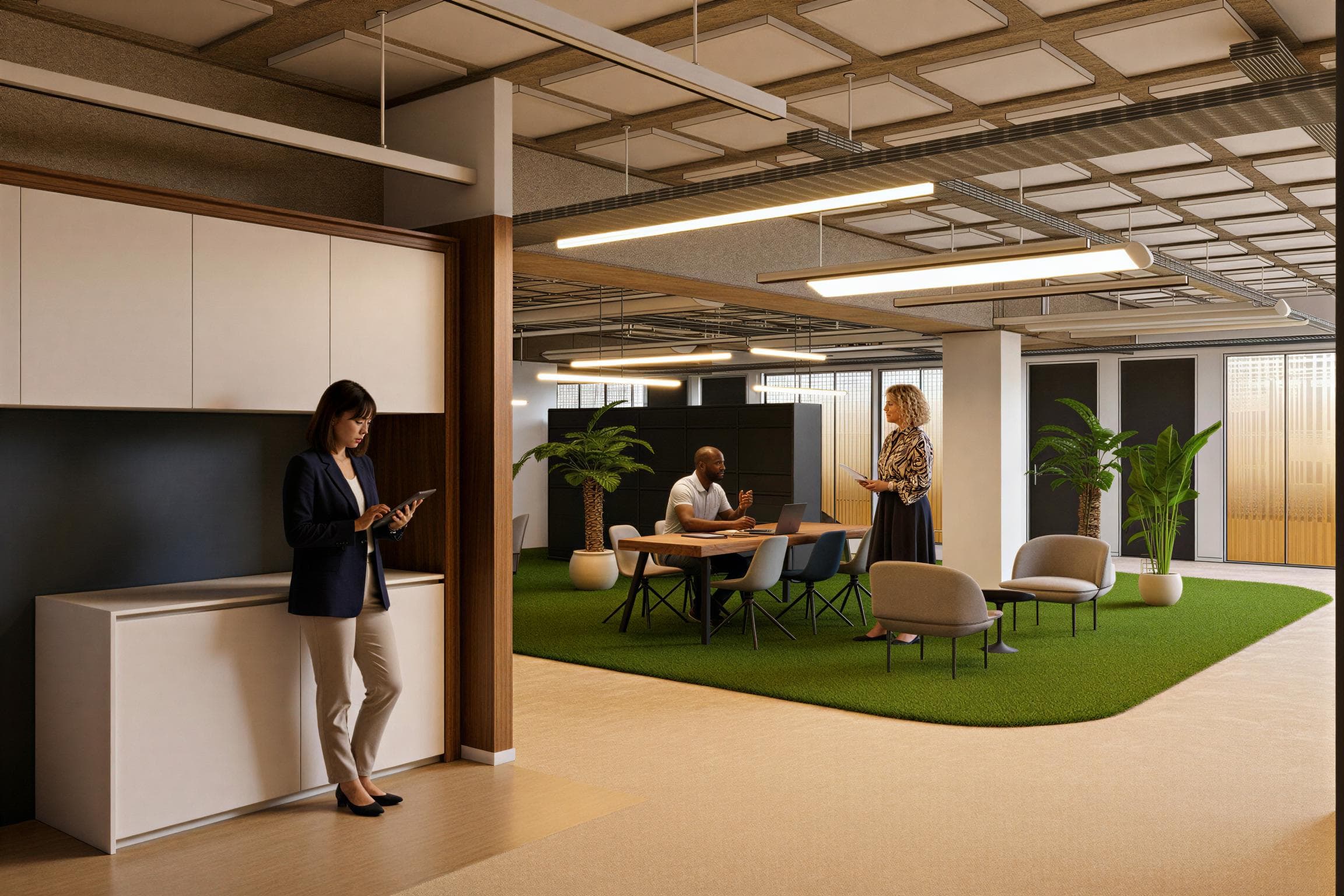 Modern office space with people working, featuring a seating area on green carpet, plants, and ceiling lights, creating a collaborative atmosphere.