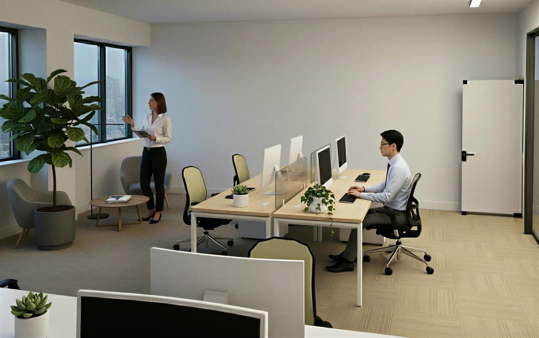Modern office with large windows, two people; one working at a desk with computers, another standing by a seating area and large plant.