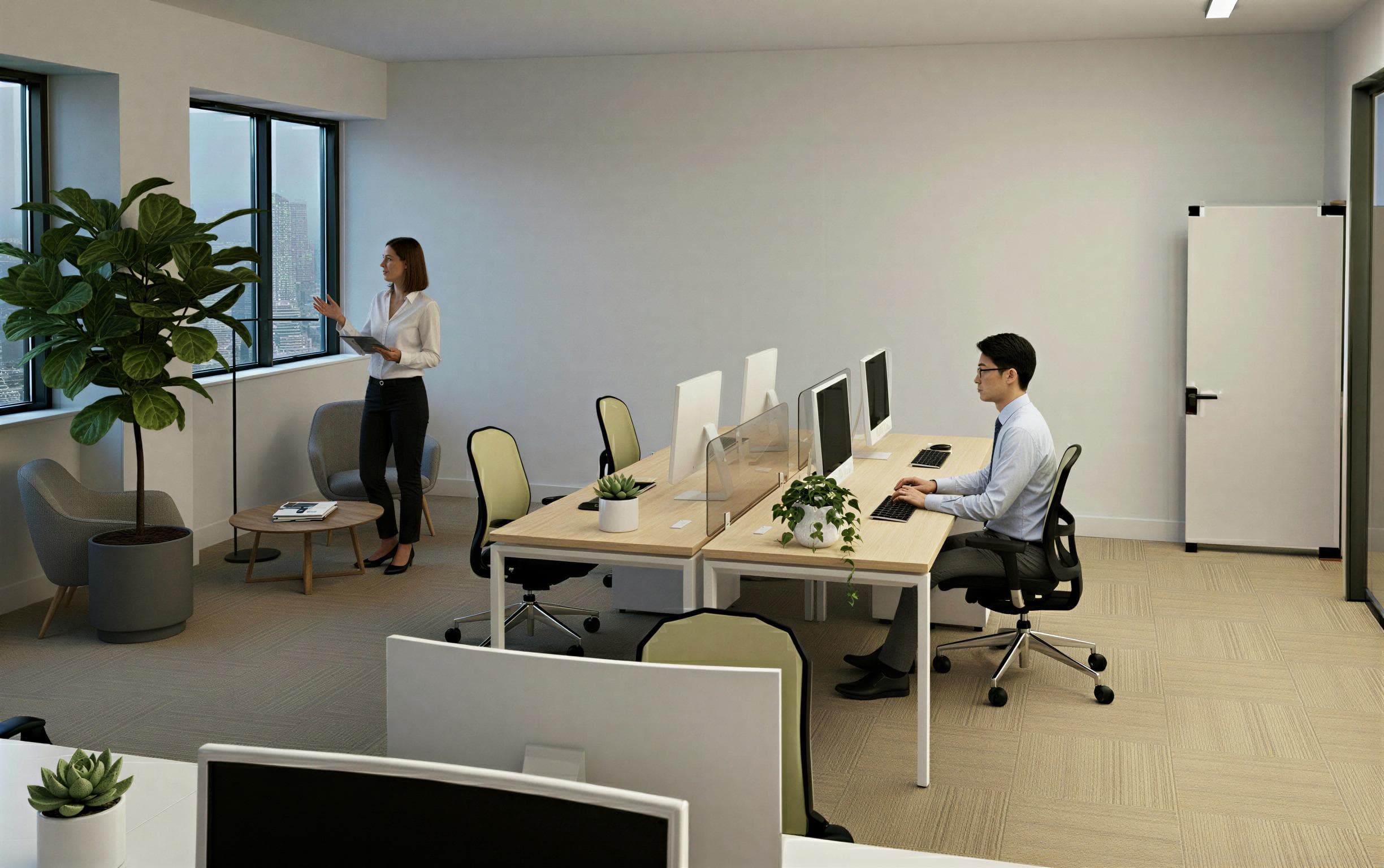 Modern office with large windows, two people; one working at a desk with computers, another standing by a seating area and large plant.
