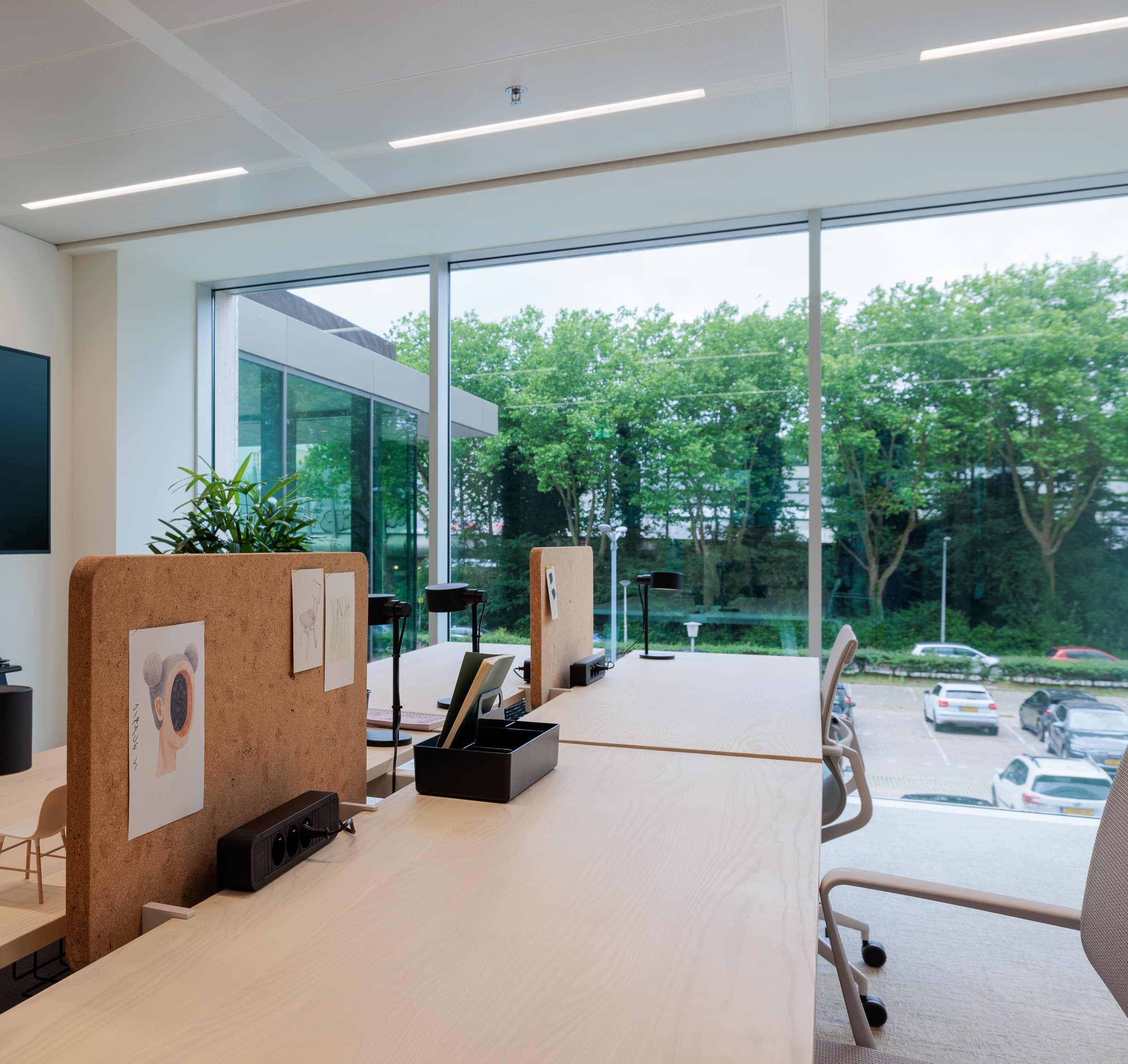 Modern office with large windows, wooden desks, partitioned workspaces, and a view of parked cars and trees outside.