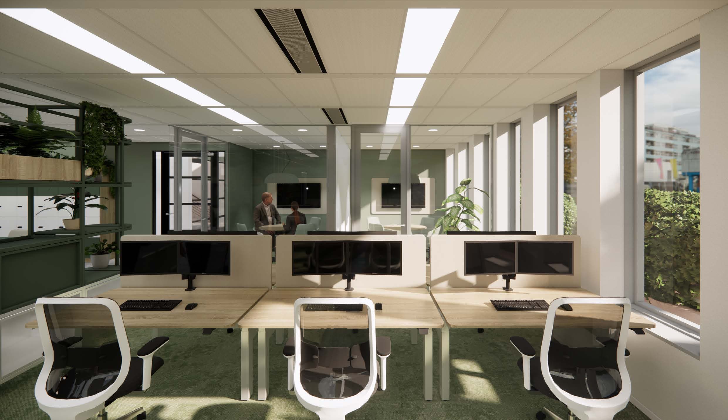 Modern office with three workstations, ergonomic chairs, and large windows. A person is visible in the background near glass partitions.
