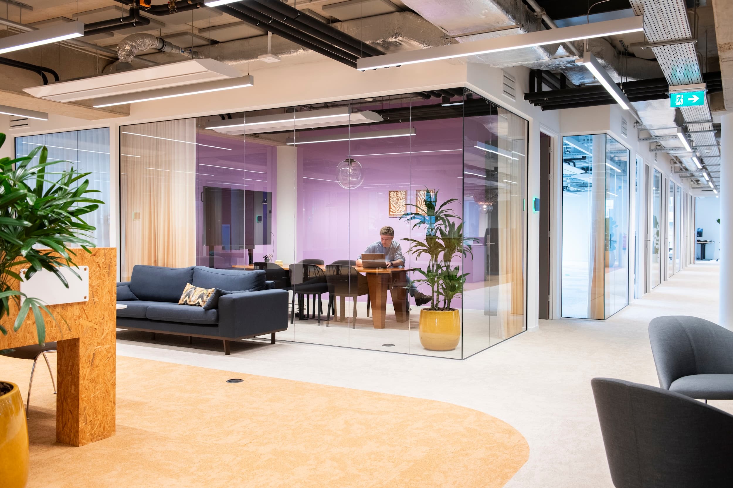 Modern office space with a person working on a laptop in a glass-enclosed meeting room. Stylish seating, plants, and vibrant colors enhance the design.