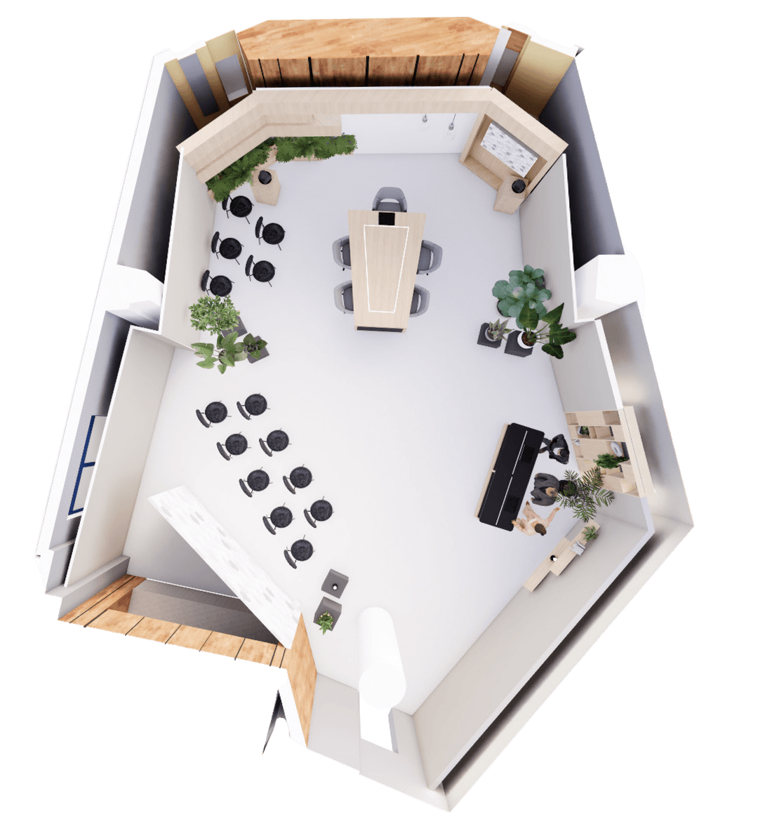 Top view of a modern office layout with a central conference table, surrounding chairs, plants, and workstations along the walls.
