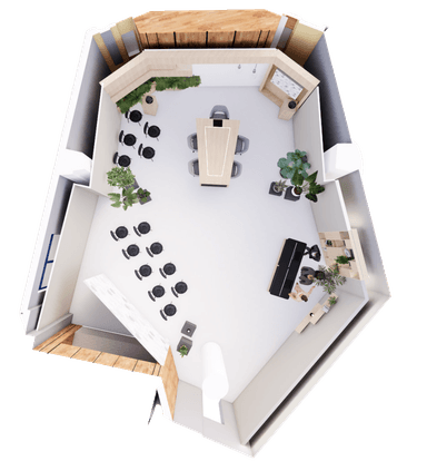 Top view of a modern office layout with a central conference table, surrounding chairs, plants, and workstations along the walls.