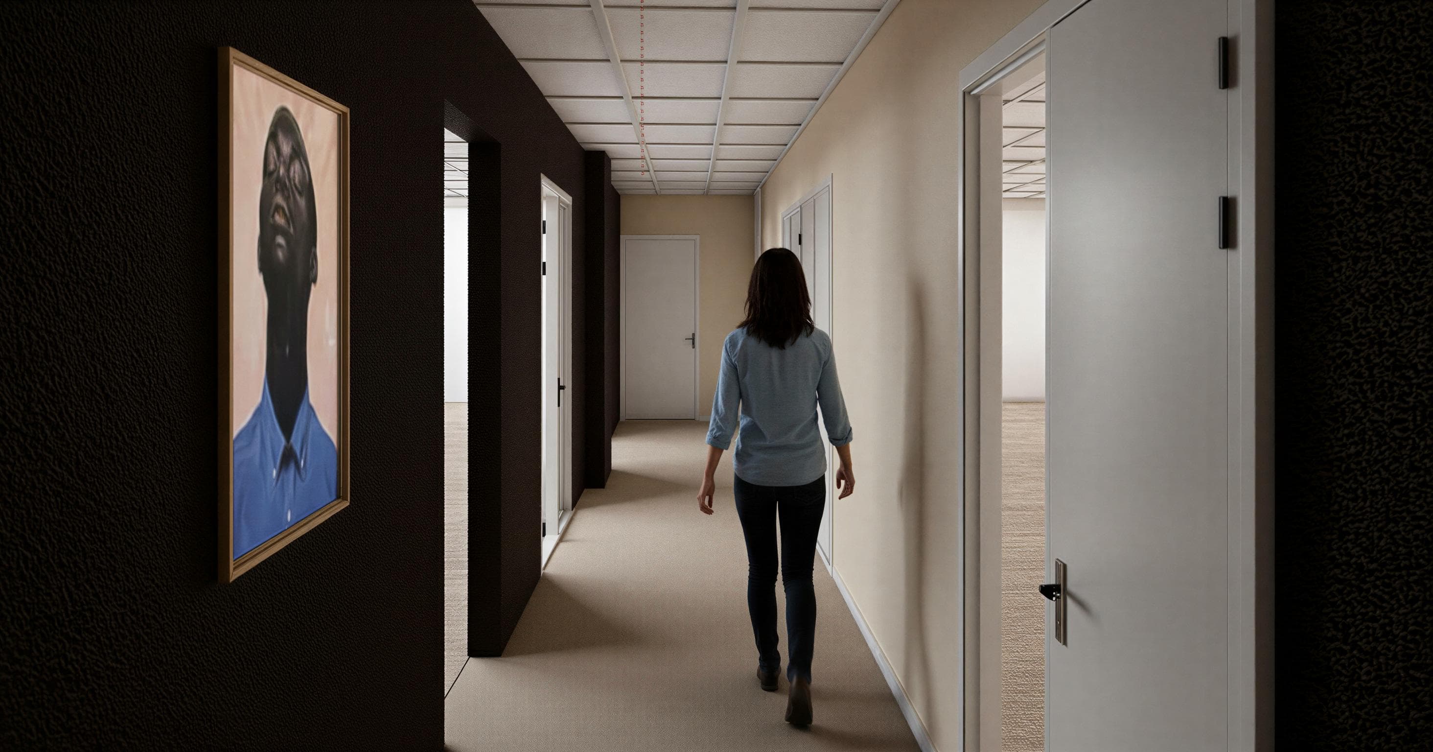 A woman walks down a hallway with white doors and a portrait on the wall, featuring a person in a blue shirt.