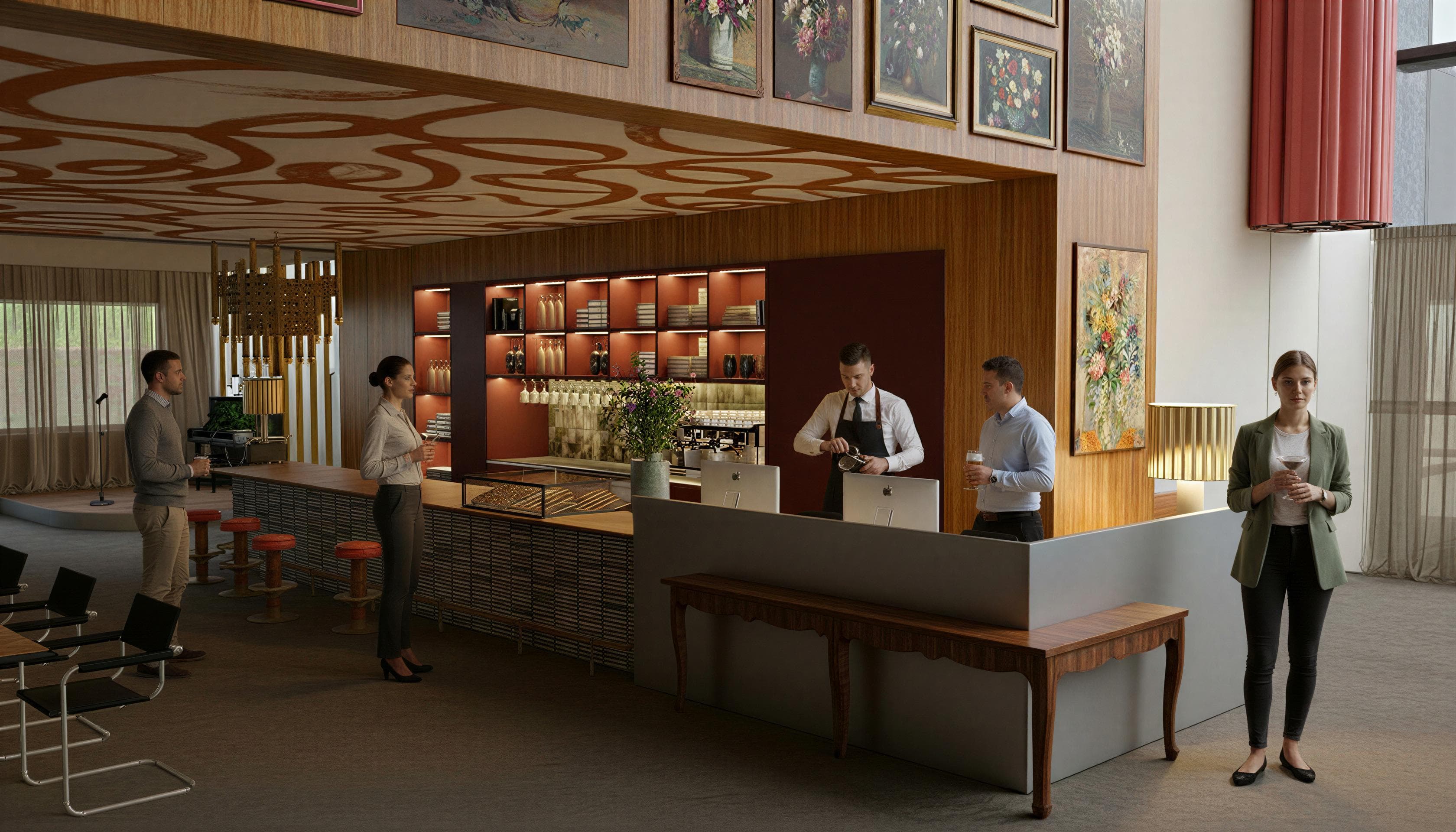 Modern cafe with people standing and conversing near a counter. Artworks adorn the walls, and seating areas are visible in the background.