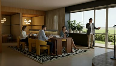 Three people work at desks in a modern office with a patterned rug, while another person talks on the phone by large windows overlooking greenery.