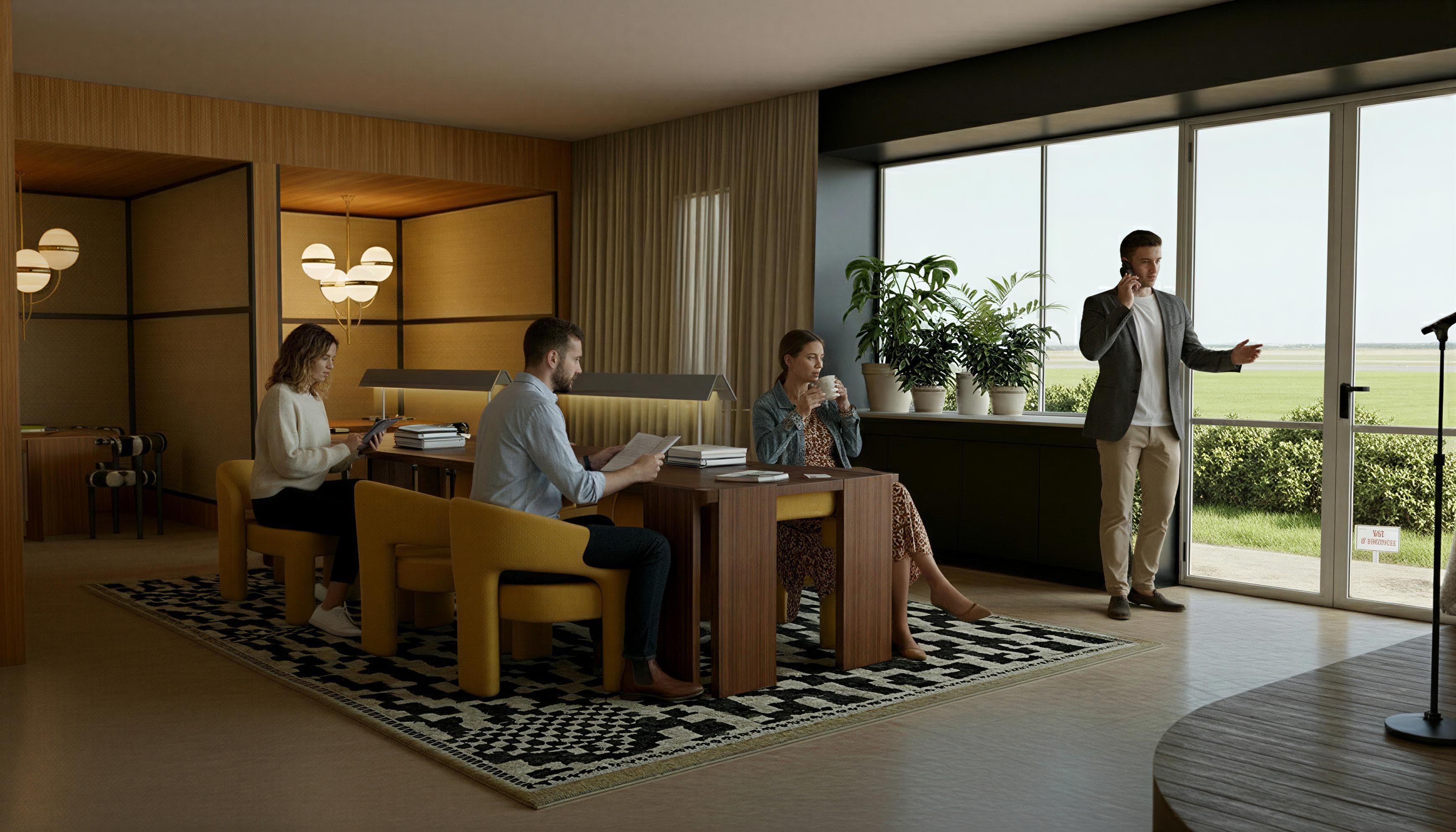 Three people work at desks in a modern office with a patterned rug, while another person talks on the phone by large windows overlooking greenery.