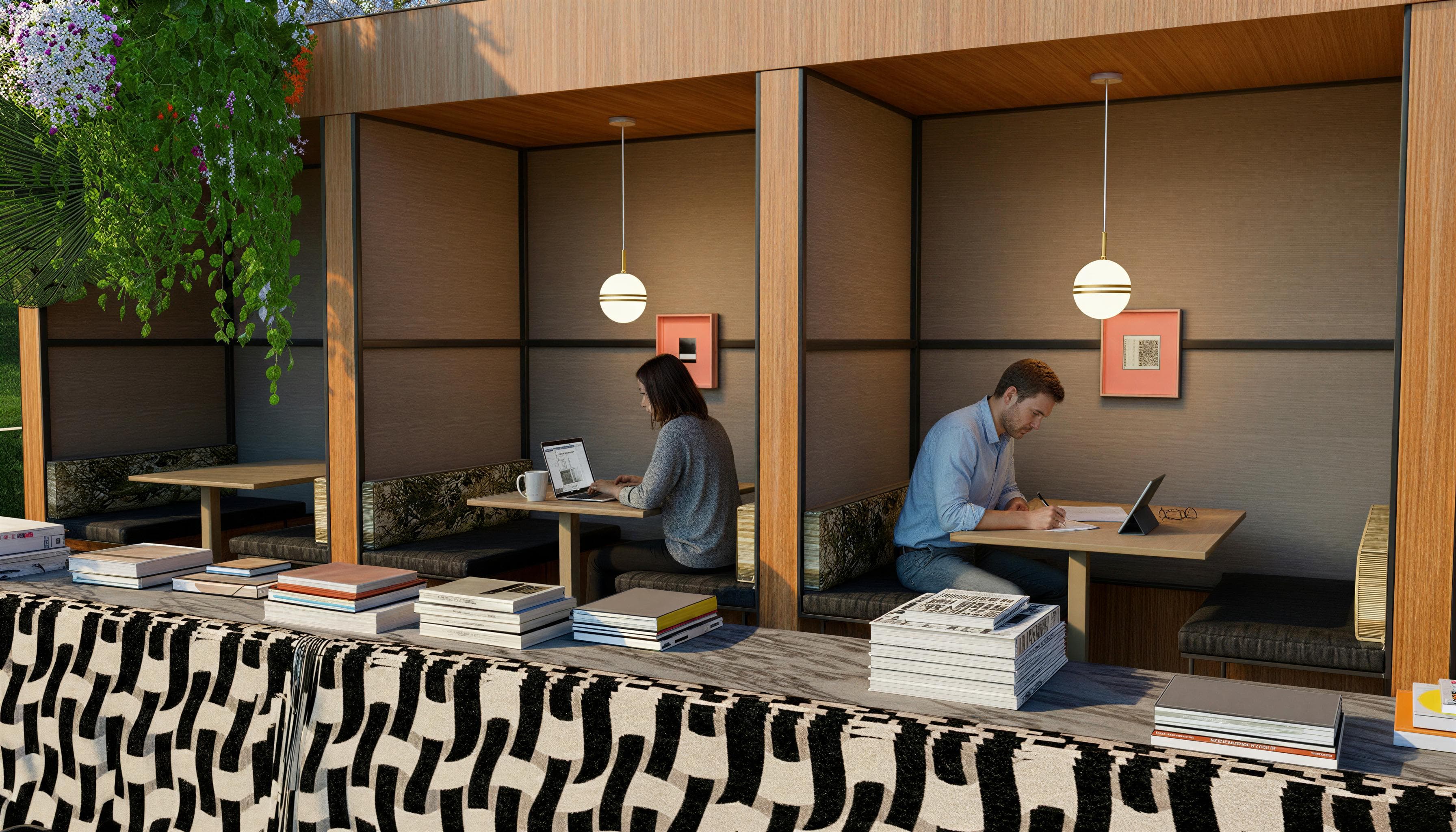 Two people work on laptops in separate wooden booths with pendant lights. Books are stacked on a patterned counter in the foreground.