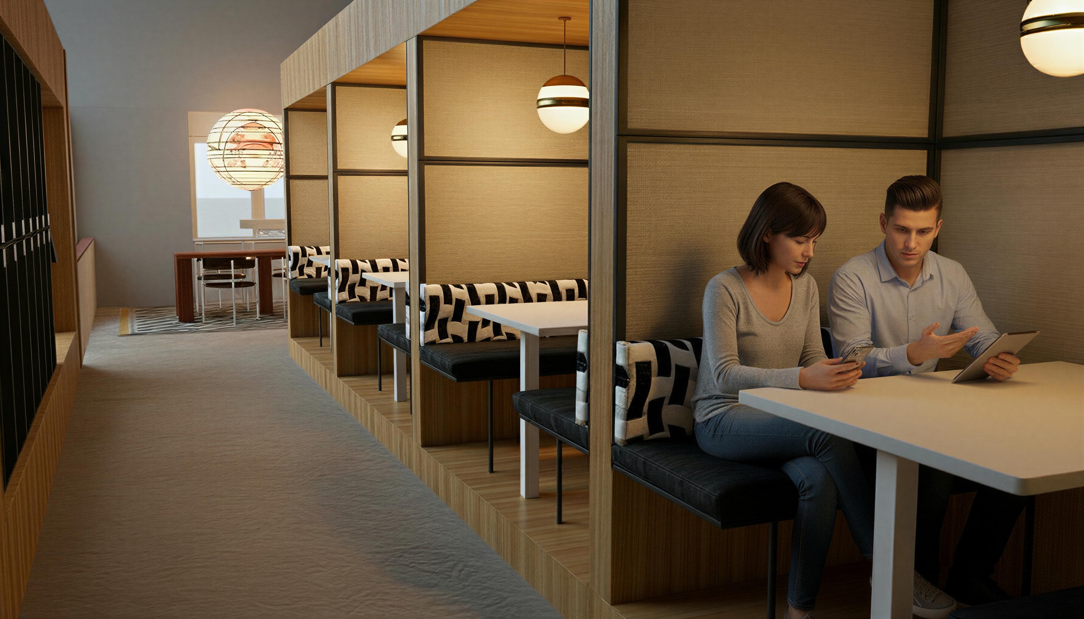 A modern cafe with wooden booths; a man and woman sit at a table, using a smartphone and tablet. Warm lighting and geometric decor.
