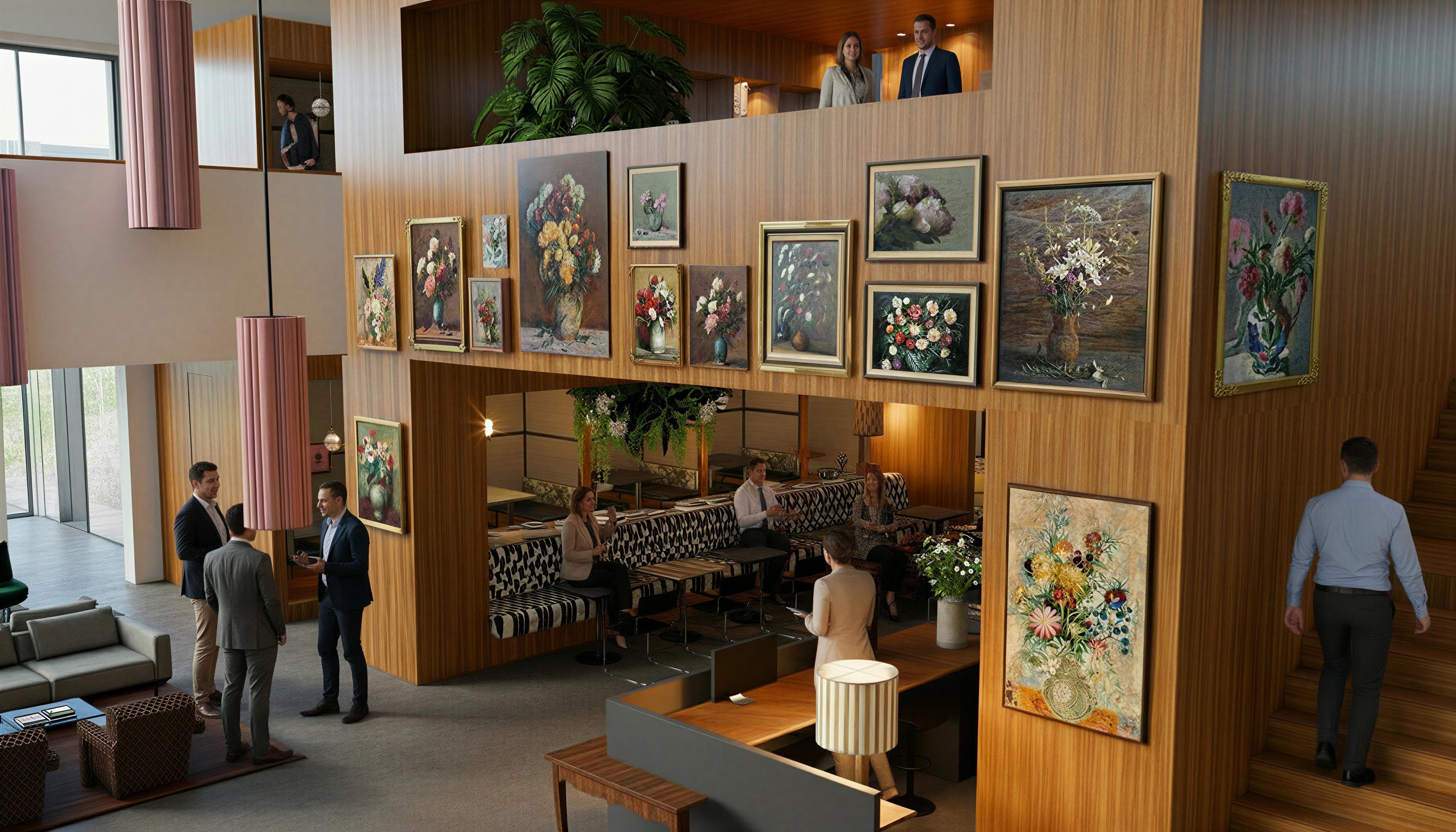 A modern, stylish lobby with wooden walls, adorned with floral paintings. People are conversing and sitting at tables in a cozy atmosphere.