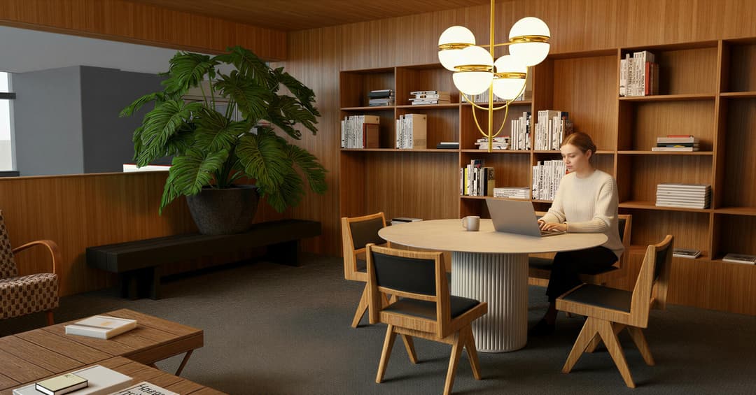 A woman works on a laptop at a round table in a modern, wooden-paneled room with bookshelves, a large plant, and a stylish chandelier.