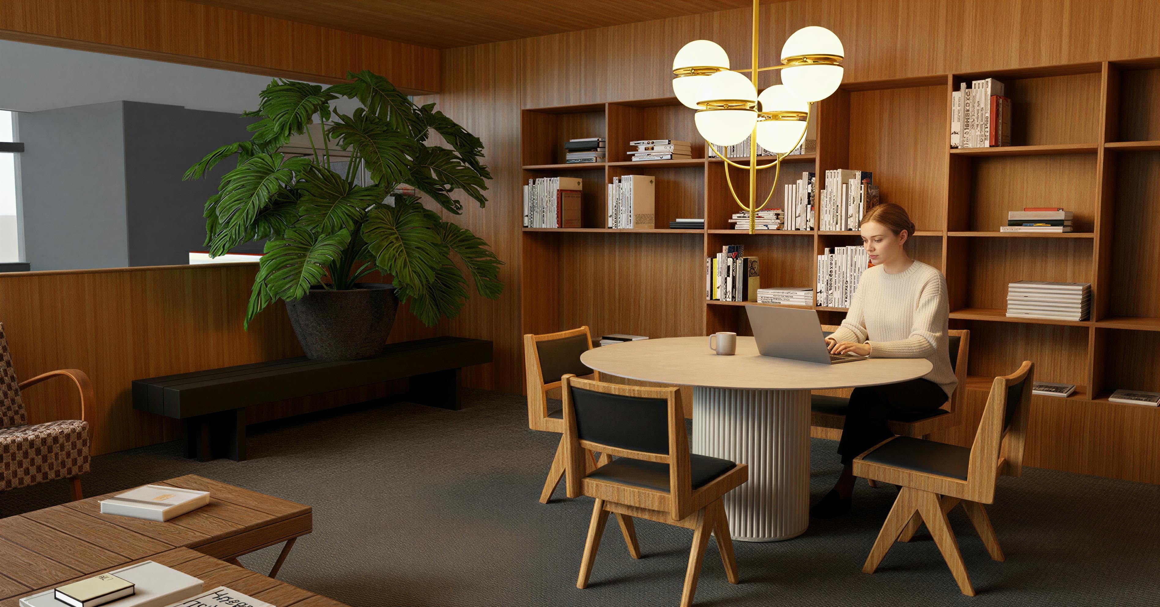 A woman works on a laptop at a round table in a modern, wooden-paneled room with bookshelves, a large plant, and a stylish chandelier.