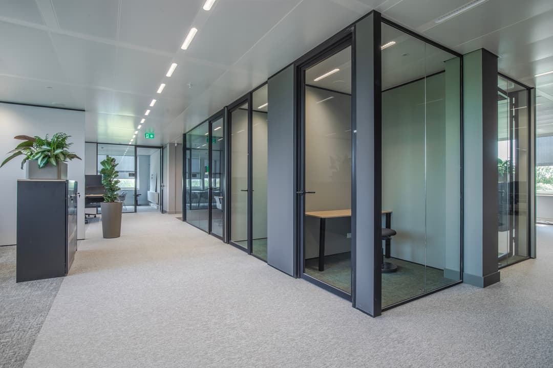 Modern office corridor with glass-walled cubicles, gray carpet, and potted plants, under bright ceiling lights.